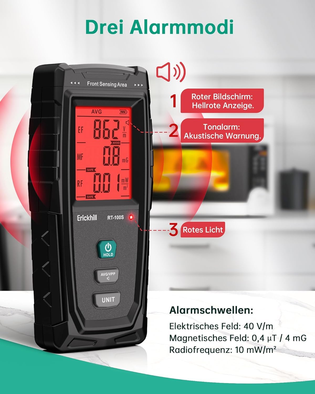 ERICKHILL EMF Messgerät RT-100S, EF/MF/RF-Prüfung, wiederaufladbarer magnetfeld, digitaler/Grafik-Dual-Interface-Strahlungsdetektor, digitaler LCD-Bildschirm, für Zuhause, Büro, Outdoor 4