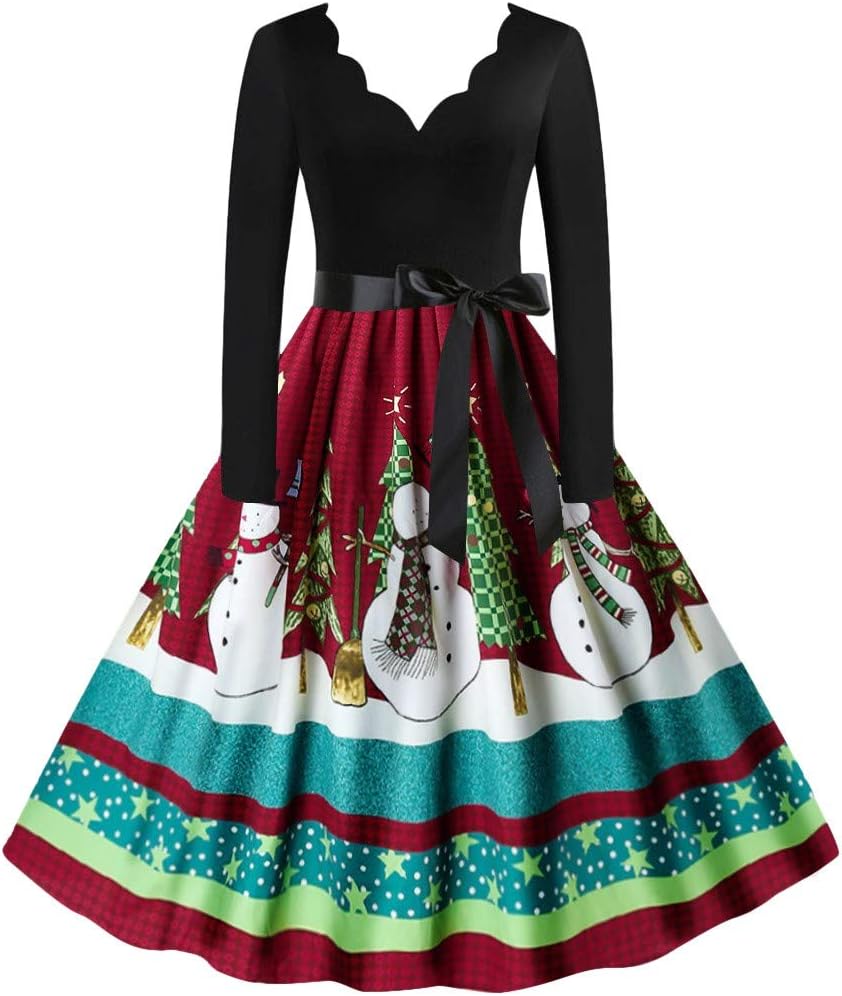 NEEDRA Women's Retro O Neck Butterfly Musical Note Printed Evening Dress