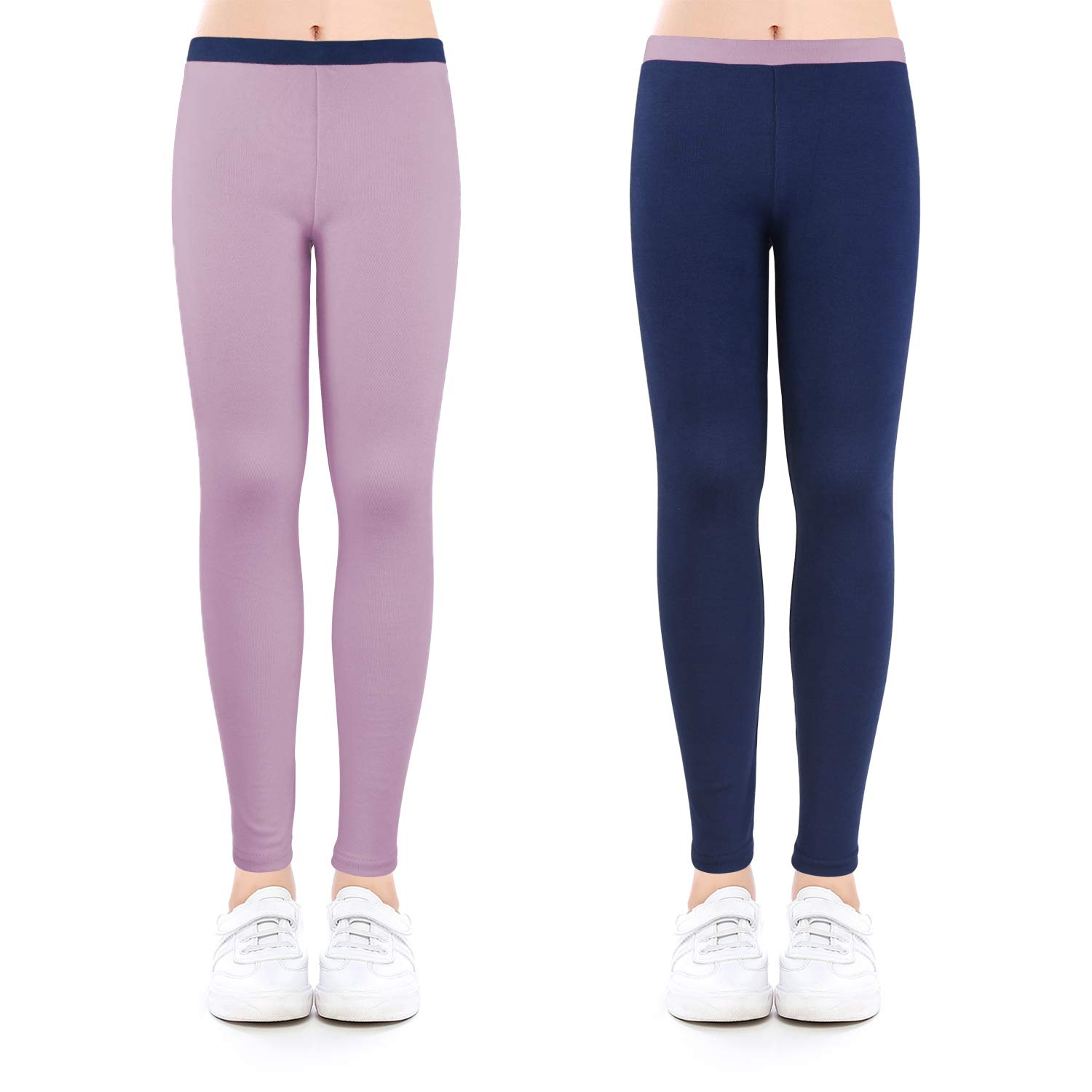 slaixiu Cotton Ankle Length Girls Leggings Stretchy Kids Pants 3-12y(GP04_Navy&Purple_130)