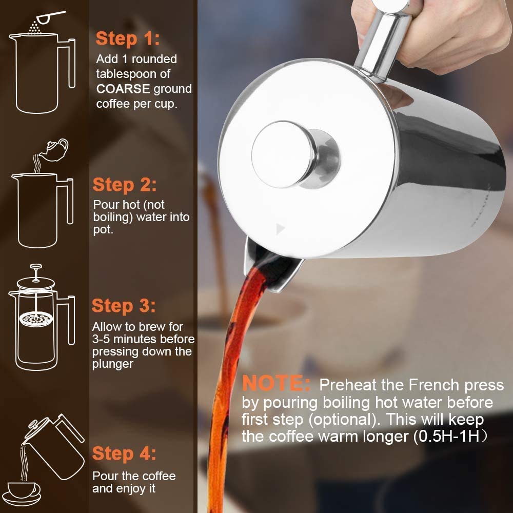 Secura Stainless Steel French Press Coffee Maker 18/10 Bonus Stainless Steel Screen (1000ML) by Secura