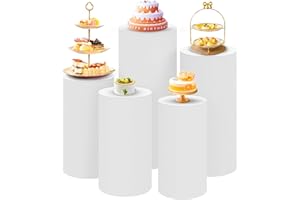 SaitiMade Set of 5 - White Cylinder Pedestal Stand Covers, Spandex Cylinder Stand Covers for Party, Wedding or Birthday Event Decor - Only Contains Cylinder Covers
