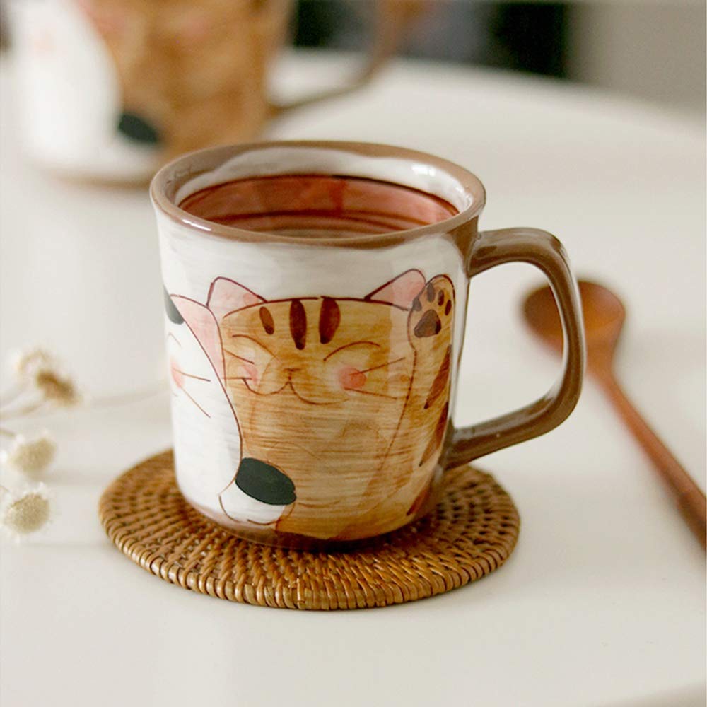 L-entcy 11.9OZ Retro Color Hand Drawn Cute Cat Ceramic Mug Tea Cup Printed Cappuccino Cup And Saucer Set Japanese Porcelain Coffee Tea Cup-350ml Cappuccino Soup Cup, Gift Cup