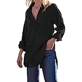 Pretifeel Womens Cotton Linen Tunic Shirts Button Down Long Sleeve Blouse Tops Beach Cover Up