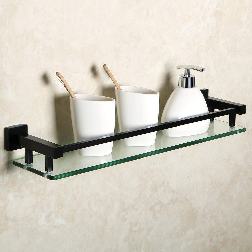 SAYAYO Tempered Glass Shelf Square Bathroom Shelf with Rail Wall Mounted 20 inches, Stainless Steel Matte Black, EGC2000-B - Image 4