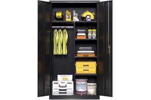 Reemoon Metal Storage Cabinet with Locking Doors and Shelves, 70'' Tall Wardrobe with Closet Rod, Broom Closet Storage Cabinet for Garage, Office, Home Black