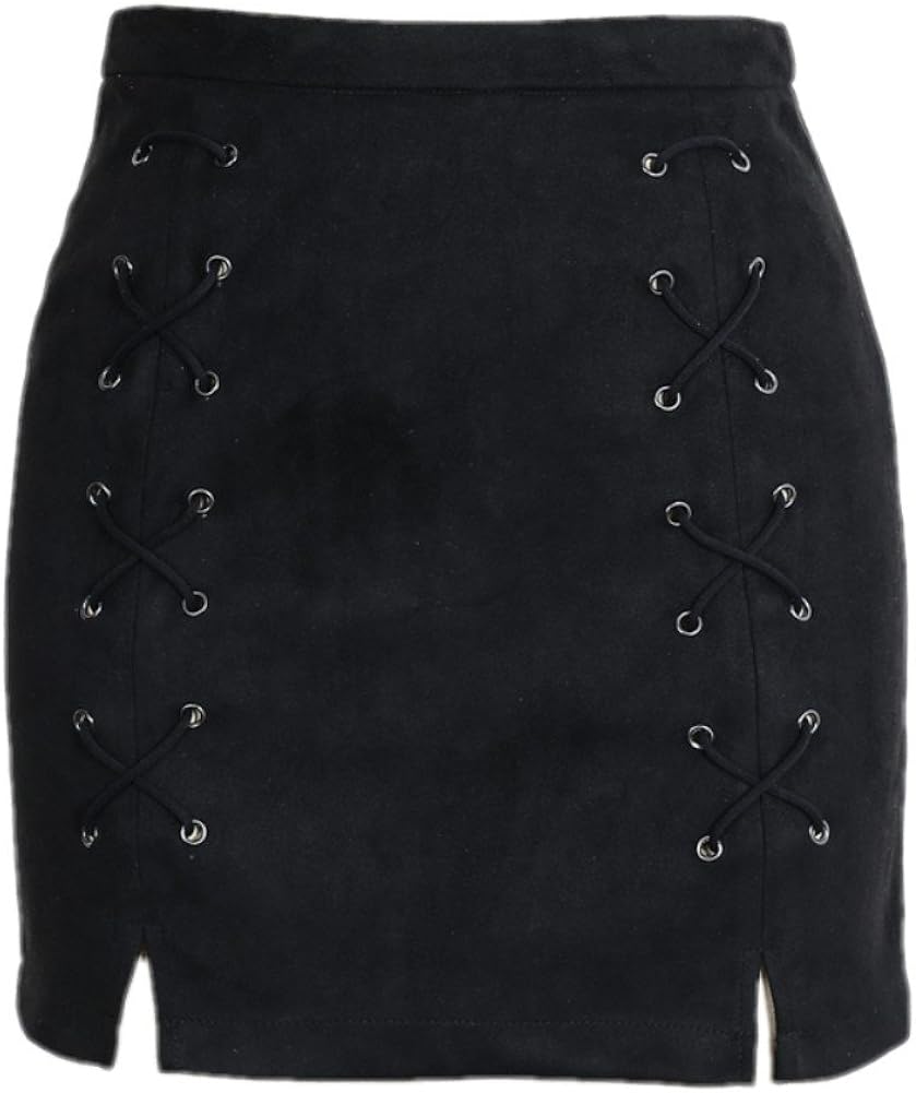 katiewens Women's Classic High Waist Lace Up Bodycon Faux Suede A Line Mini Pencil Skirt: Clothing