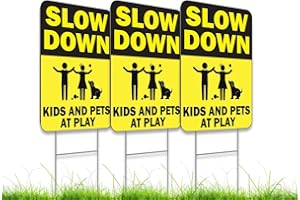 ULVEOL 8x12 Inch Pack of 3 Slow Down Sign - Kids & Pets at Play Sign for Street Neighborhoods - Double-Sided Kids At Play Plastic Signs For Street with Metal H Stake - Children At Play Safety Signs
