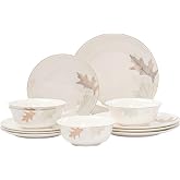 Stoneware Dinnerware Set for 4, 12 Pcs Plates and Bowls, Maple White | Bone China Scratch Resistant Dishes, Dishwasher Safe, Lightweight Porcelain Plates and Bowls, Easy to Clean