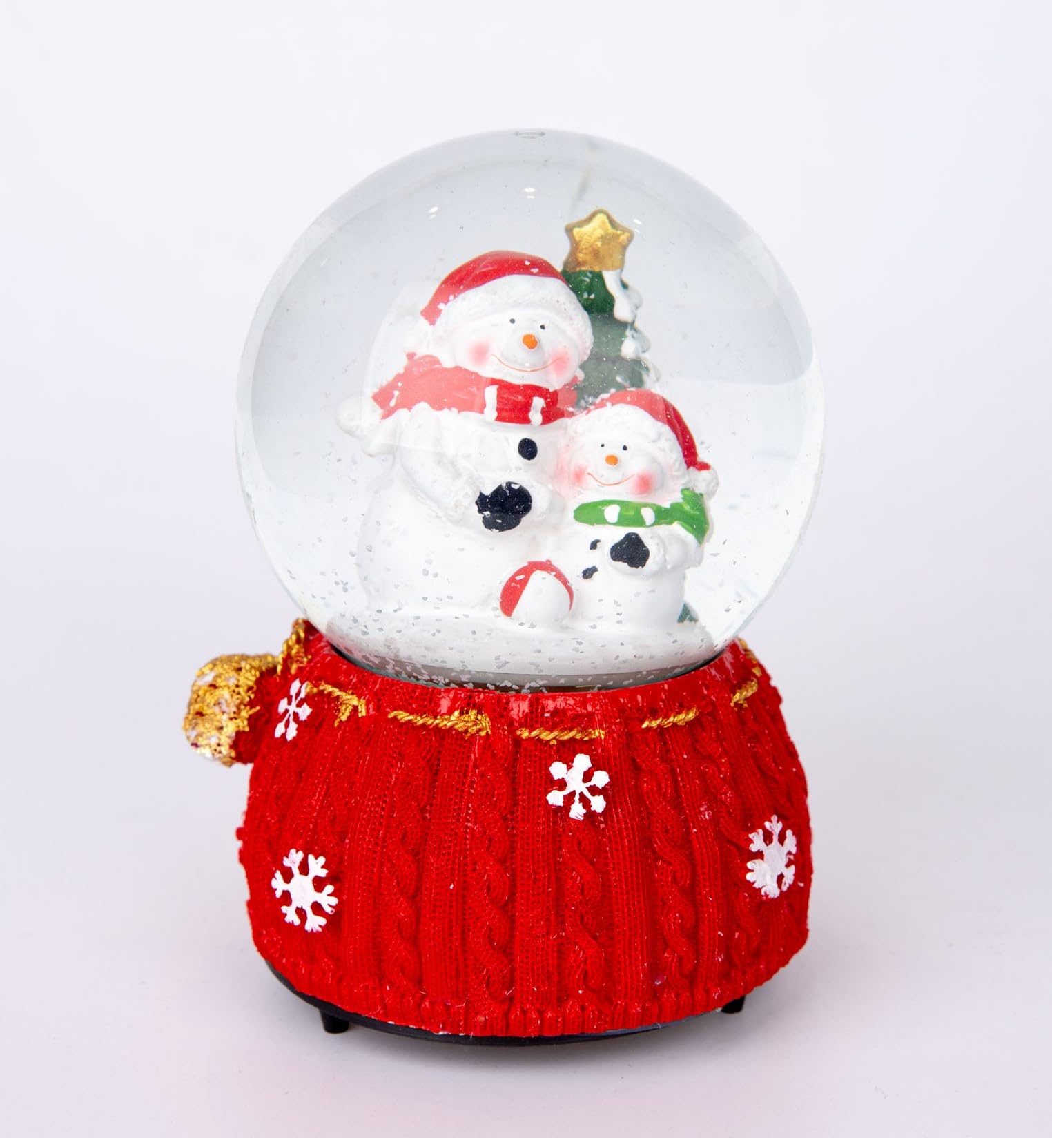 Musical Christmas Snowglobe Large Water Ball Features Christmas Santa Snowman Scene Knitted Resin Base- 10x15cm - Christmas Table Mantel Decorations
