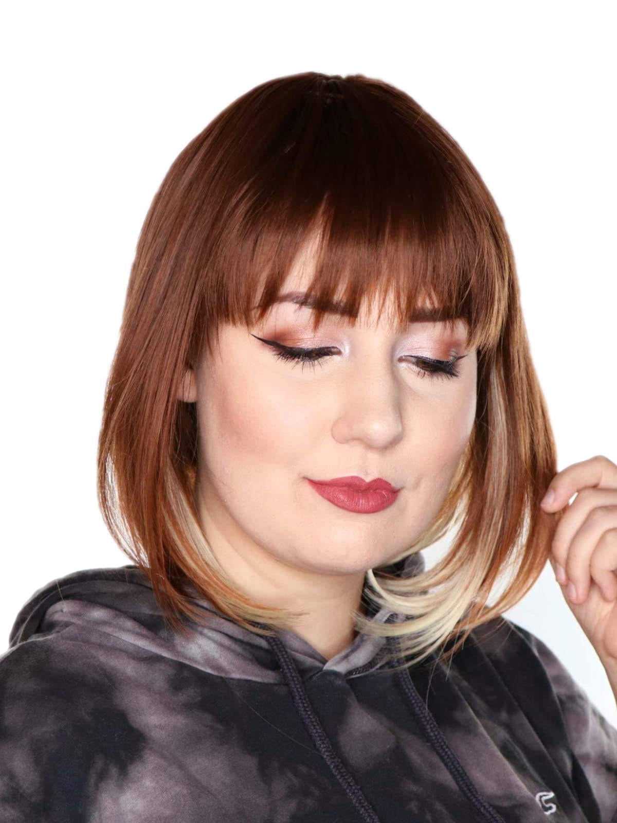 Prettyland Ombre Brown Mid -length BOB Cut Short Hair Wig Straight Bangs Natural Matt for Daily Use C1150 — image 1