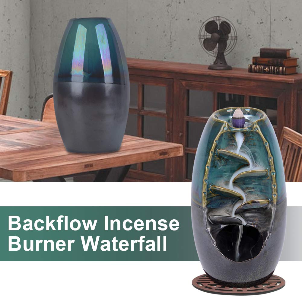 SPACEKEEPER Ceramic Backflow Incense Holder Waterfall Incense Burner, Aromatherapy Ornament Home Decor with 80 Backflow Incense Cones + 30 Incense Stick, Blue Set