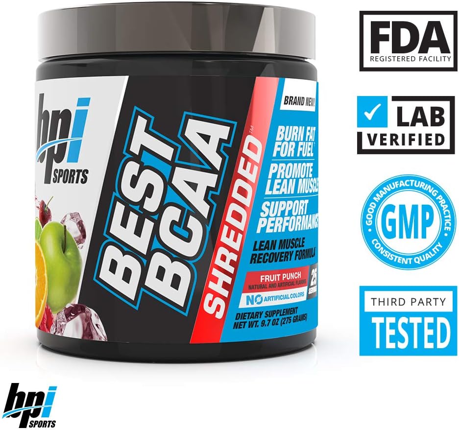 BPI Sports Best BCAA Shredded - Caffeine-Free Thermogenic Recovery Formula - BCAA Powder - Lean Muscle Building - Accelerated Recovery - Weight Loss - Hydration - Fruit Punch - 25 Servings - 9.7 oz.: Health & Personal Care