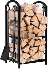 Elex Wrought Iron Firewood Rack 12x16x29.2in with 4 Tools, Black Steel view 1