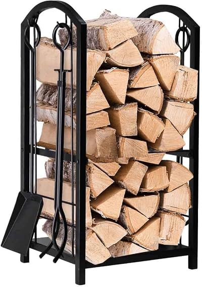 Elex Wrought Iron Firewood Rack 12x16x29.2in with 4 Tools, Black Steel