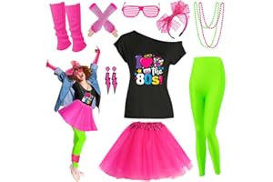 XINTORCH 80s Outfit Women Costume Accessories Set T Shirt Shorts Tutu Skirt Neno Party Leg Warmers Headband
