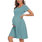 WOOXIO Women's Short Sleeve Maternity Dress Patchwork Pregnancy Clothes with Pockets