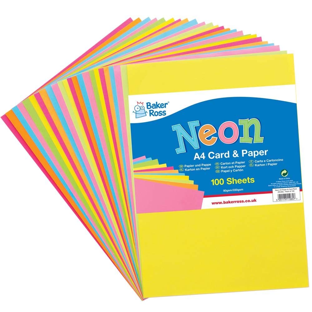 Baker Ross FE485 Neon A4 Paper & Card Pack - Pack of 102, Coloured Art Supplies for Kids Craft Making Activities, Neon