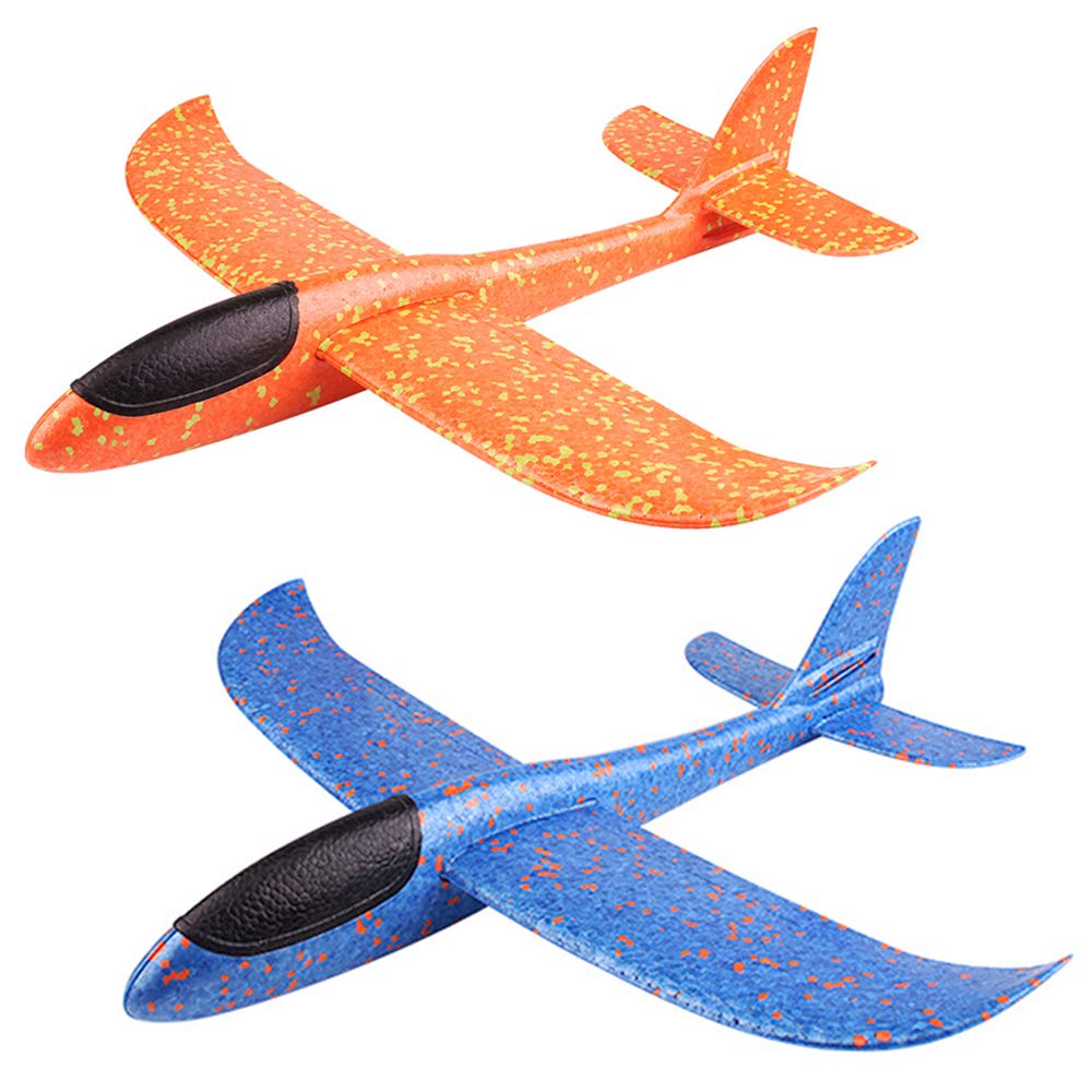 Future 2 Pieces 15 Inch Polystyrene Aeroplane Children's Outdoor Throw Glider Foam Toy Blue Orange Gift for Boys and Girls