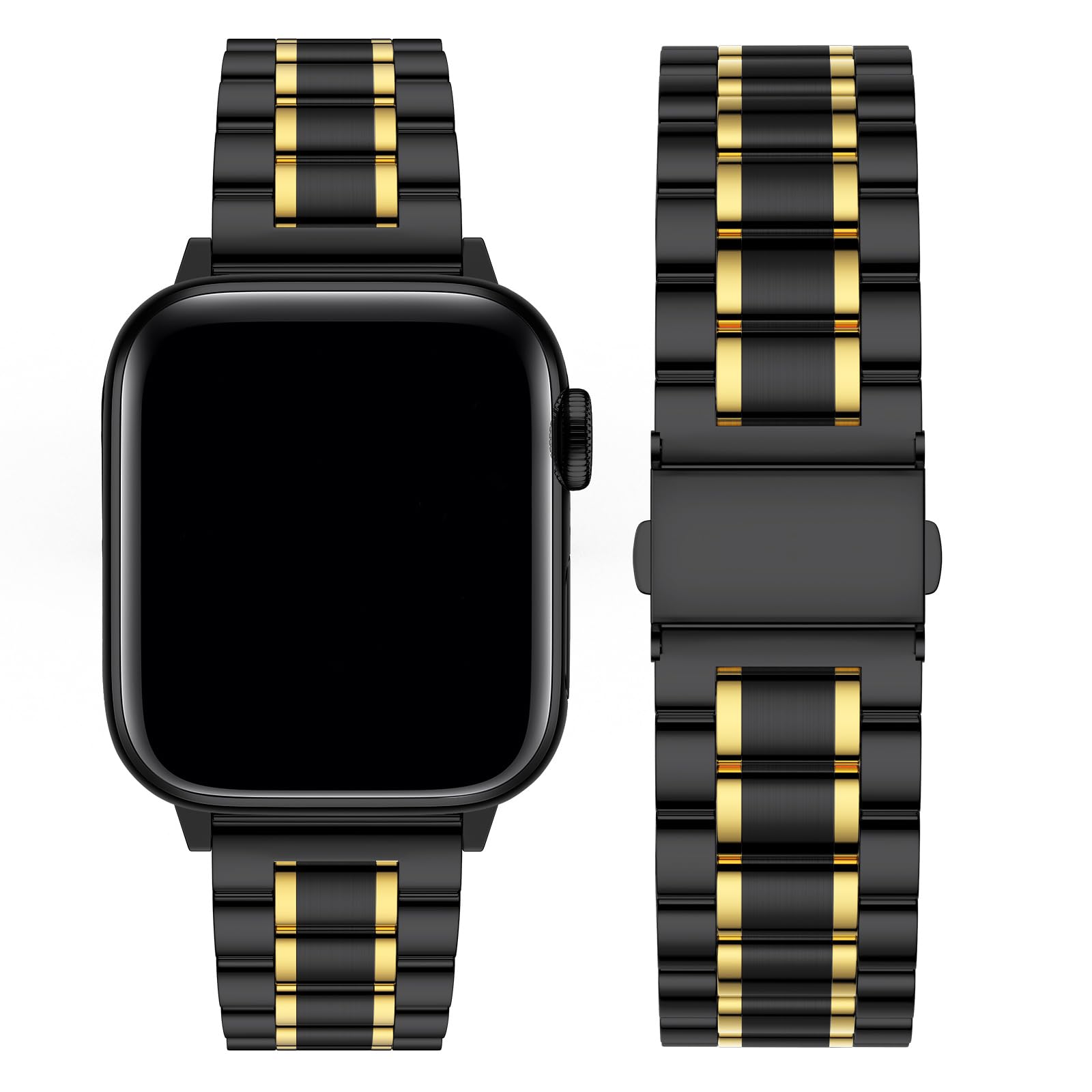Fullmosa Compatible with Apple Watch Straps 45mm 44mm 42mm Stainless Steel Replacement iWatch Bands with TPU Protective Case for SE 3/2/1 Series 9 8 7 6 5 4 3 2 1, Black with Gold — image 1