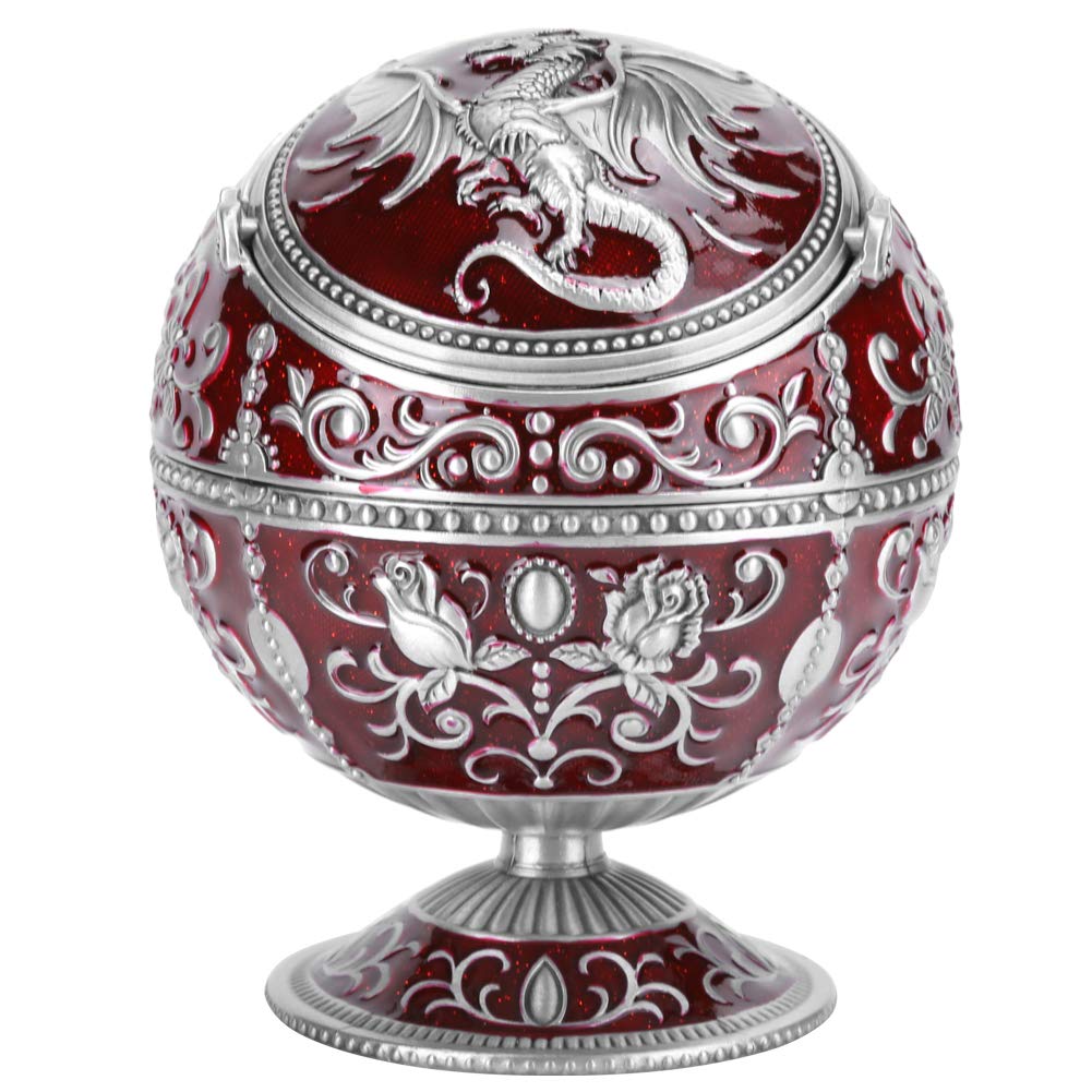 Vintage Windproof Ashtray, Windproof Wine Red Globe Ashtray Ball Dragon Shape Metal Ashtray with Lid for Home Office Outdoor Balcony Dragon Shape Metal Ashtray with Lid Home Decoration Crafts
