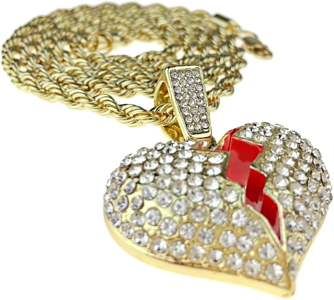 Broken Heart Pendant Chain Heartbroken Charm Gold Finish 24" Inch Rope Necklace Jewelry