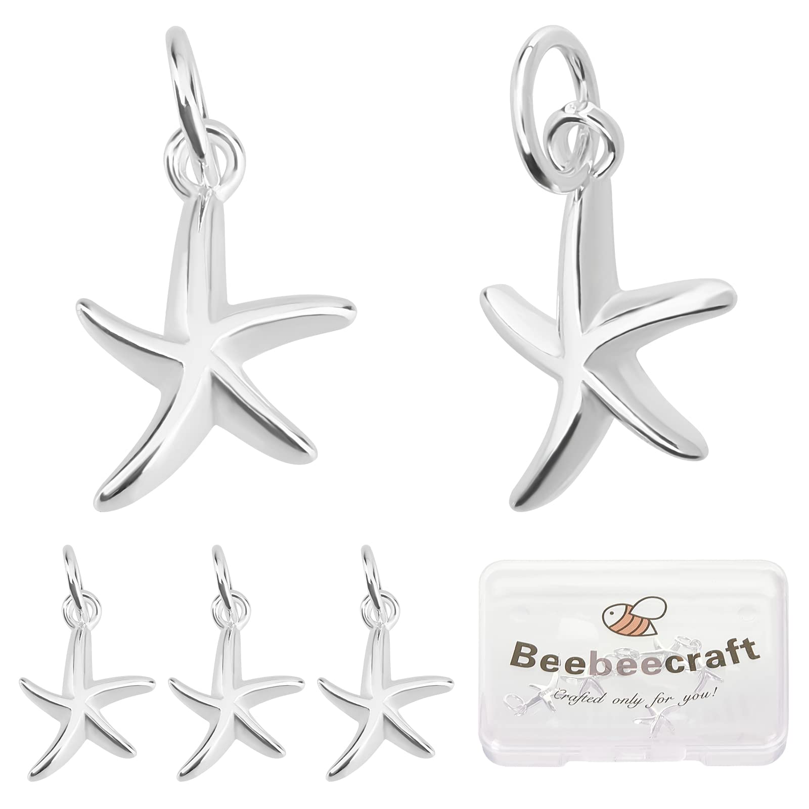 Beebeecraft 5Pcs Starfish Pendant Charm 925 Sterling Silver Beach Sea Stars Summer Hawaii Charm Pendants with Jump Rings 15x9.5x2mm for Jewellery Bracelet Necklace Making Supplies