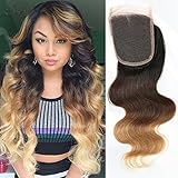 Moresoo Body Wave Natural Black to Chocolate Brown and Cameral Blonde #1B/4/27 Bleach Knots Lace Top Closure 44 Straight Human Hair 10 inch