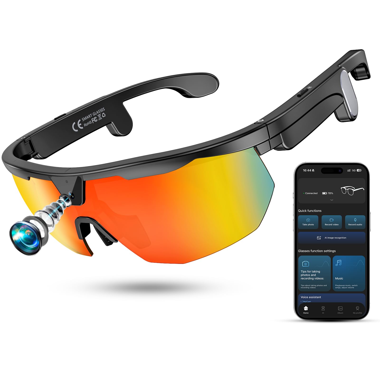 Photo 1 of Mingtawn Smart Glasses with 4K HD Anti-Shake Camera & 3D Stereo Speakers | Polarized UV400 Sports Sunglasses | Bluetooth AI Glasses for Outdoor Video, Photos & Music | HiFi Audio Action Camera (Black)