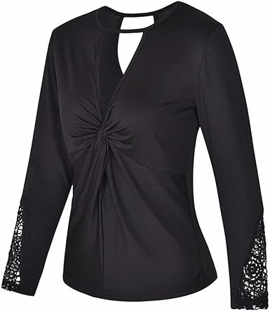 Cinnamou Camisa de Manga Larga con Cuello EN V Para Mujer de Patchwork de Encaje Casual Ropa de Señora (Negro, M): Amazon.es: Ropa y accesorios