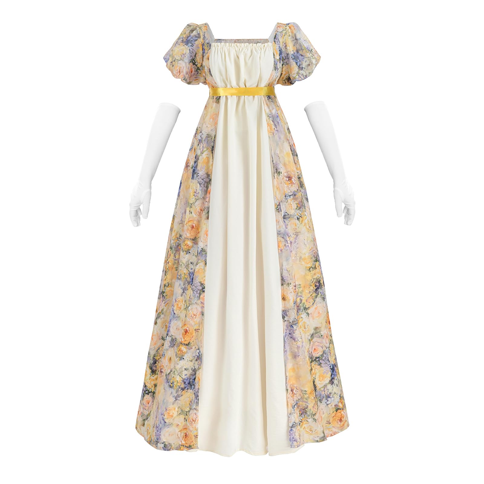 View 1 of ***Missing Gloves*** LTAKK Regency Dress Women Regency Costume Empire Waist Tea Party Victorian Gown with Gloves and Sash, Yellow Floral, XXL