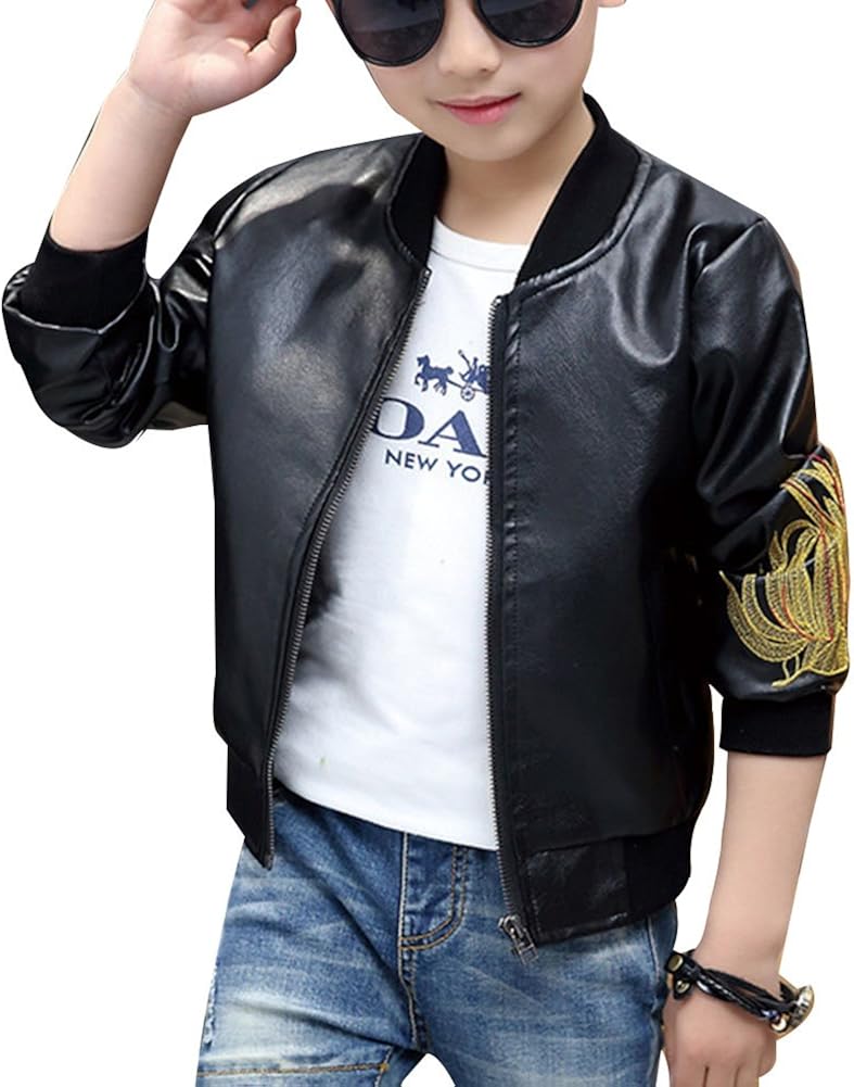 Kids Boys PU Leather Flight Bomber Jacket Coat Spring Autumn Zipper