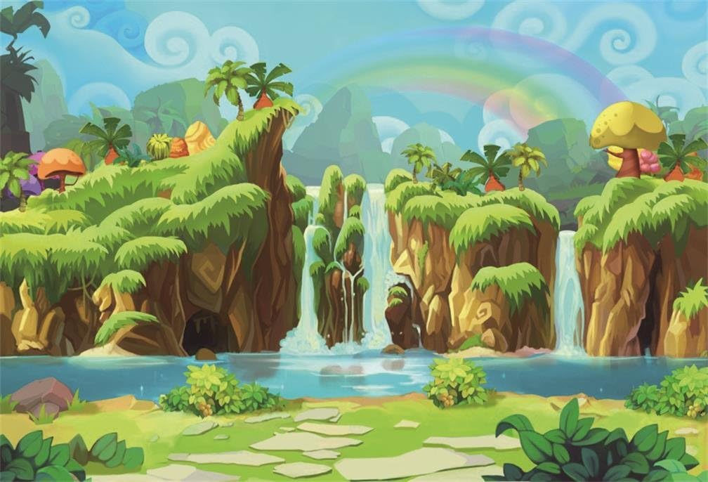 Amazon Com Aofoto 5x3ft Cartoon Jungle Scenery Backdrop Forest Falls Rainbow Hiking Explore Summer Woods Thicket Adventure Photography Background Abstract Trees Plant Girl Boy Scouts Camping Photo Studio Props Camera