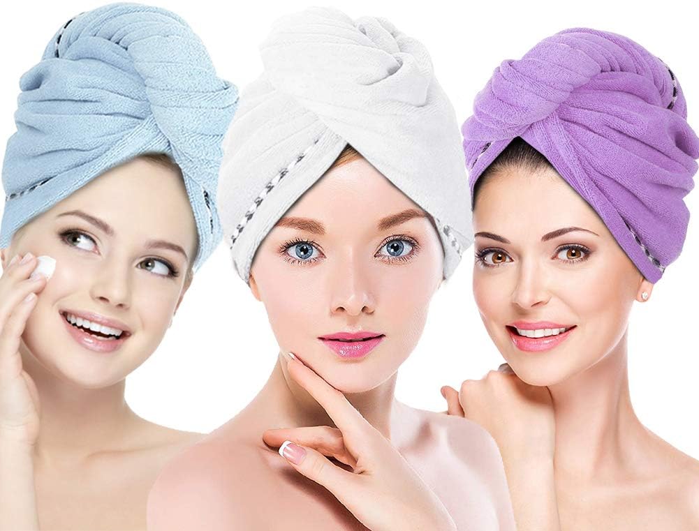 UQXY Microfiber Hair Towel Wrap for Women Girls, 3 Pack Super Absorbent Anti-Frizz Quick Dry Hair Turban Hat Shower Caps for Drying Curly, Long & Thick Hair