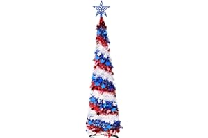 TURNMEON 5.3 Ft Red White Blue Tinsel Tree 4th of July Decoration, Pop up Pencil Tree Sequin Star Ornaments Patriotic Decoration Indoor Outdoor Home Party Supplies Independence Day Memorial Day