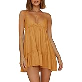 Womens V Neck Crisscross Backless Dresses Tie Back Sleeveless Ruffle Hem Flowy Swing A-Line Vintage Summer Mini Dress