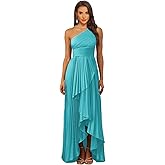 WIEQYO One Shoulder Satin Bridesmaid Dress for Women Ruched Long Formal Evening Dresses