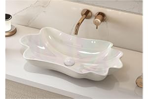 MEJE 24-Inch Unique Lotus Leaf Flower Shape Bathroom Vessel Sink, Above Counter Porcelain Ceramic Vessel Vanity Sink, Art Basin, Pearl Glaze Color (Include Pop Up Drain)