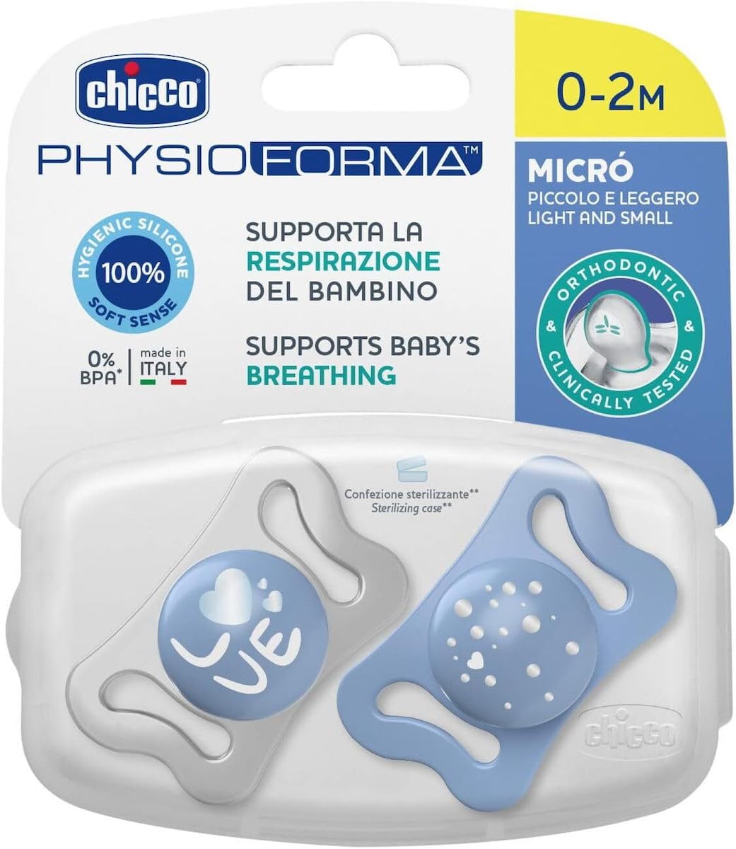 Chicco Physio Micrò Pack of 2 Silicone Dummies for Newborns Aged 0-2 Months, Random Models, Blue