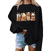 Cdiecer Halloween Sweatshirt Women Pumpkin Coffee Graphic Sweatshirts Cute Halloween Shirts Fall Crewneck Sweatshirt(01-Black,XX-Large)