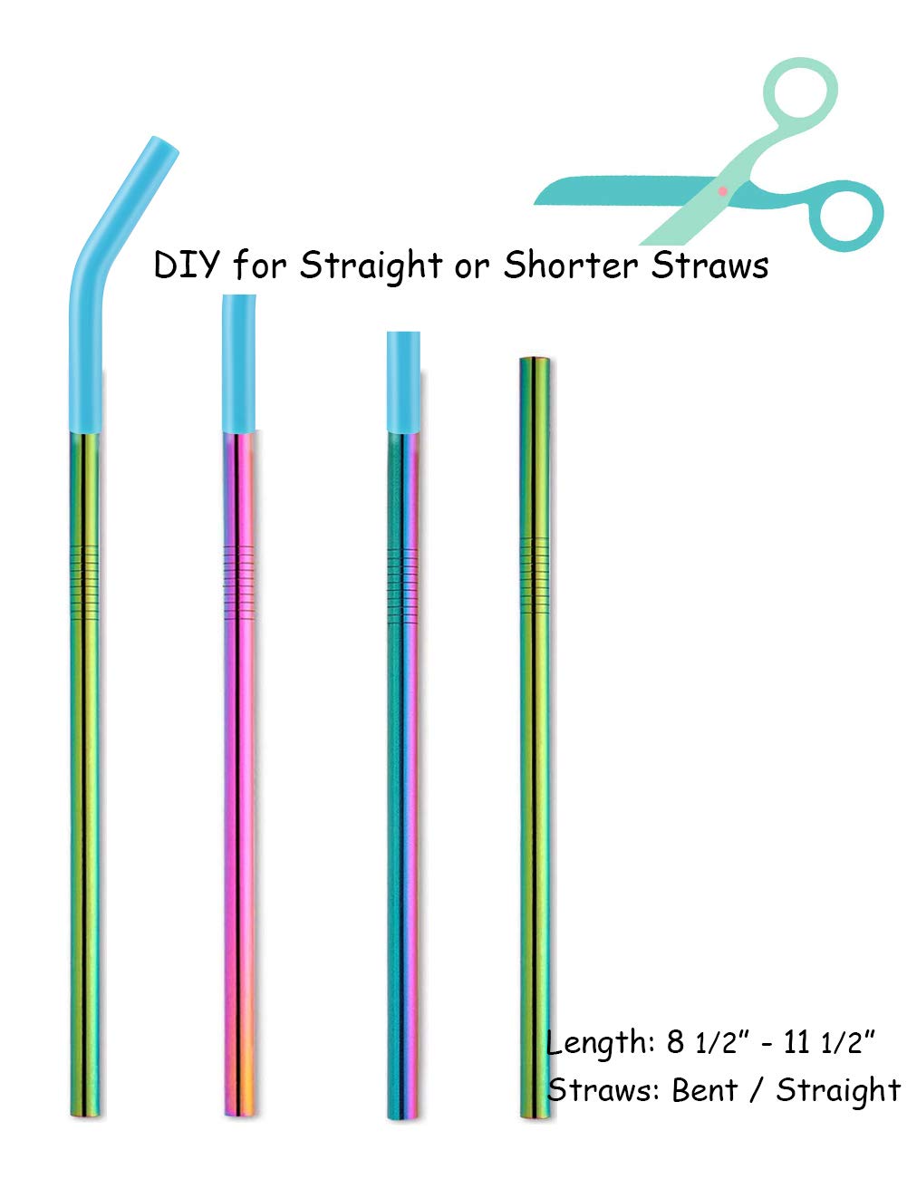 Reusable Stainless Steel Metal Drinking Straws with Flexible Silicone Tips - Extra Long x 8mm Wide for 30oz 20oz Tumblers, Set of 8 with 2 Cleaning Brushes 1 Portable Case, Rainbow