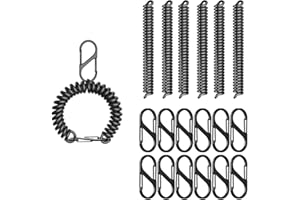 SNAIL TRAIL 6pc Coiled Retractable Lanyard & 12pc Small S Carabiner Clip, Stretchy Wrist Keychain Bracelet, Fishing Tool Tether, Kayak Bungee Leash, Elastic Pliers Cord, Spiral Wristlet Key Holder