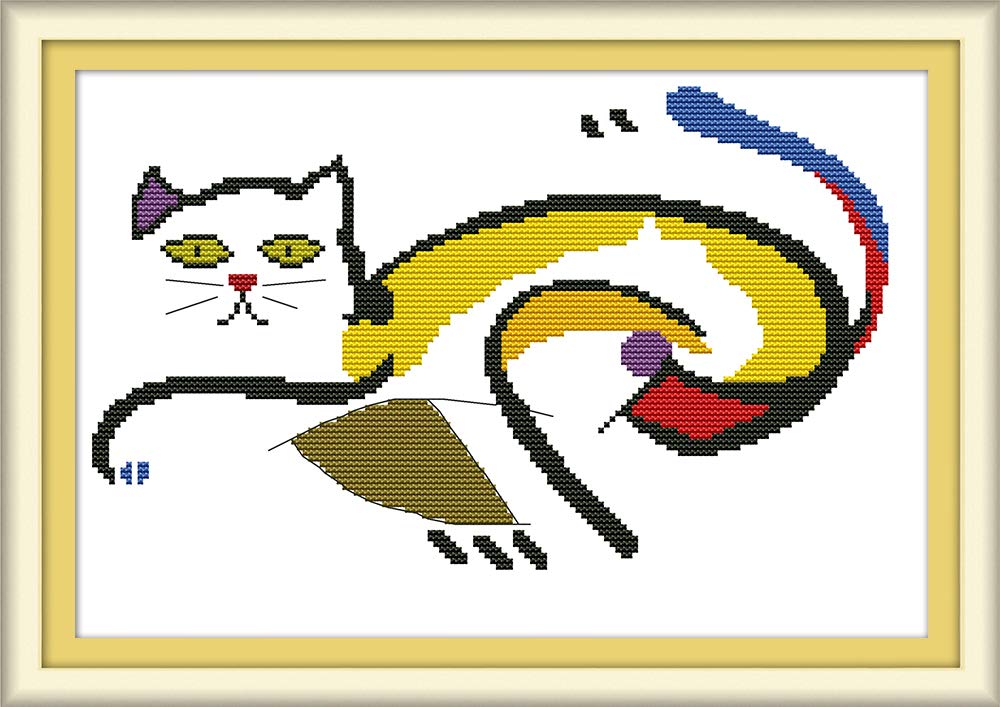 Awesocrafts Cross Stitch Kits, The Frightened Fat Cat Easy Patterns Cross Stitching Embroidery Kit Supplies, Stamped Options for Adults Beginners Kids Gifts (Cat, Stamped)