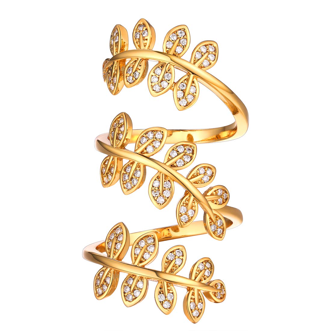 U7 Adjustable Gold Ring for Women Leaf Long Finger Rings Cubic Zirconia
