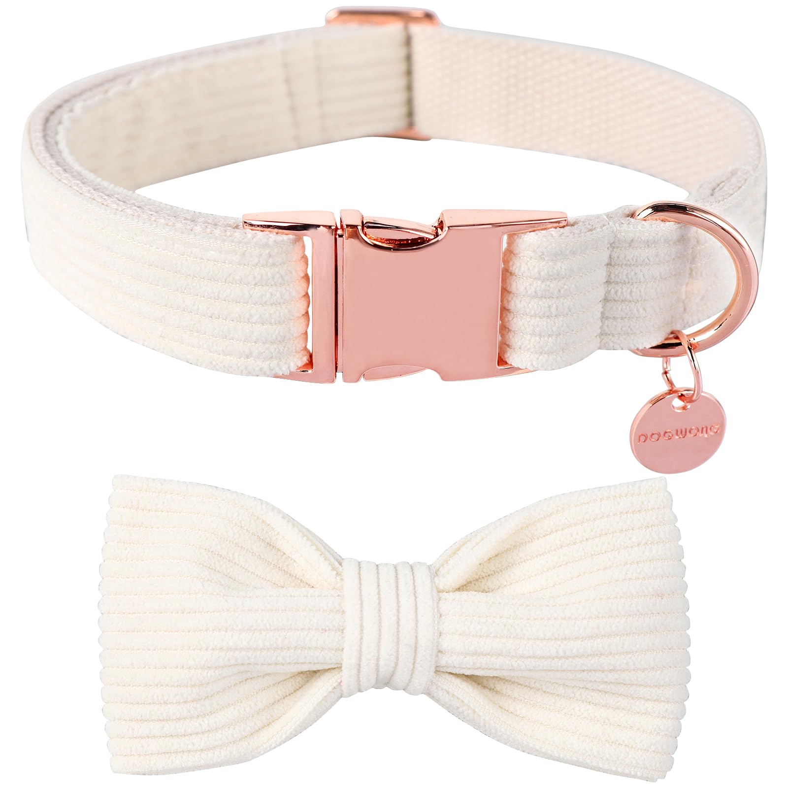 DOGWONG Corduroy Dog Collar with Bowtie, White Bowtie Collar Soft Adjustable Dog Collars Durable Puppuy Collars for Small Medium Large Dogs, XL (40.7cm-66cm)