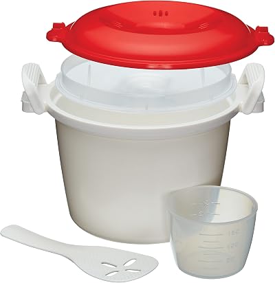 KitchenCraft Microwave Rice Cooker and Steamer 1.5 L BPA Free White Red