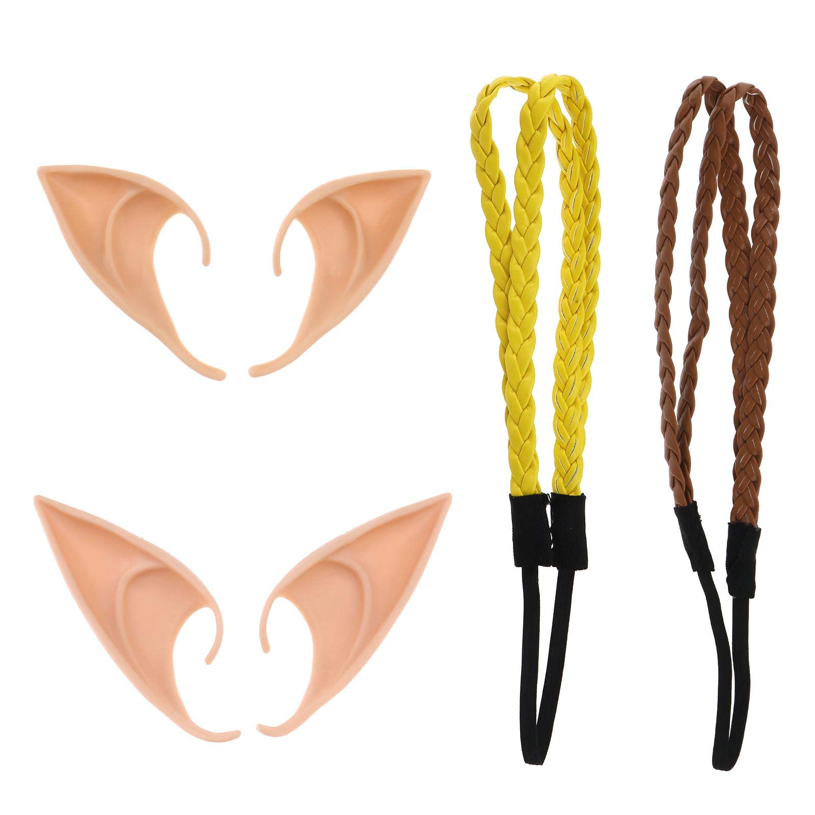 YINETTECH 4pcs Latex Elf Fairy Ears with 2pcs Hair Braid for Anime Hobbit Goblin Pixie Cosplay Halloween Christmas Party Decor
