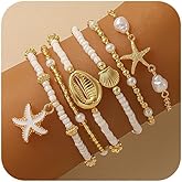 6Pcs Seastar Bracelets for Women, Boho Beaded Stretch Bracelets with Starfish & Seashell Charms, Gold Summer Beach Stackable Jewelry Set, Adjustable Crystal Bead Bracelets