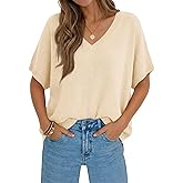 Saodimallsu Womens Oversized Sweaters Batwing Short Sleeve Lightweight V Neck Casual Summer Knit Pullover Tops