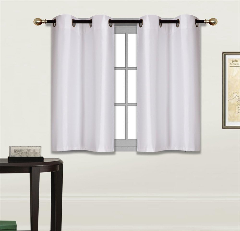 Elegant Home 2 Panels Tiers Grommets Small Window Treatment Curtain Faux Silk Semi Sheer Drape Short Panel 28" W X 36" L Each for Kitchen Bathroom or Any Small Window # N25 (White)