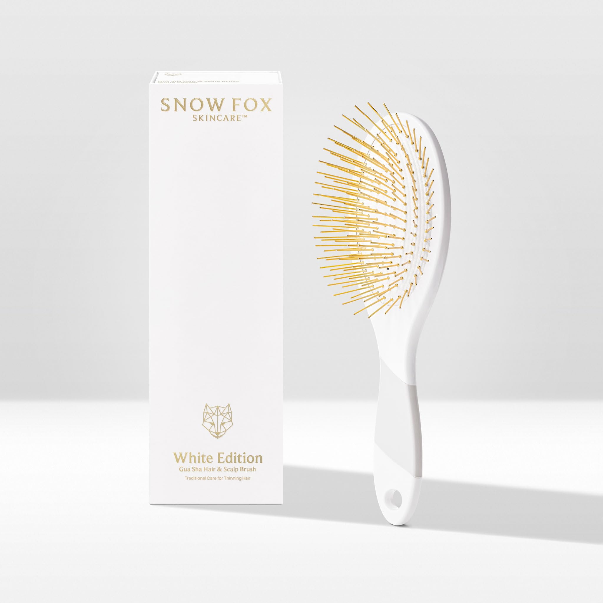 Snow Fox Skincare Gua Sha Hair Brush - White Edition. Scalp Massage Comb with Gold-Plated Metal Bristles for Healthy Follicles. Soothing Gua Sha Acupressure Tool for All Hair Types